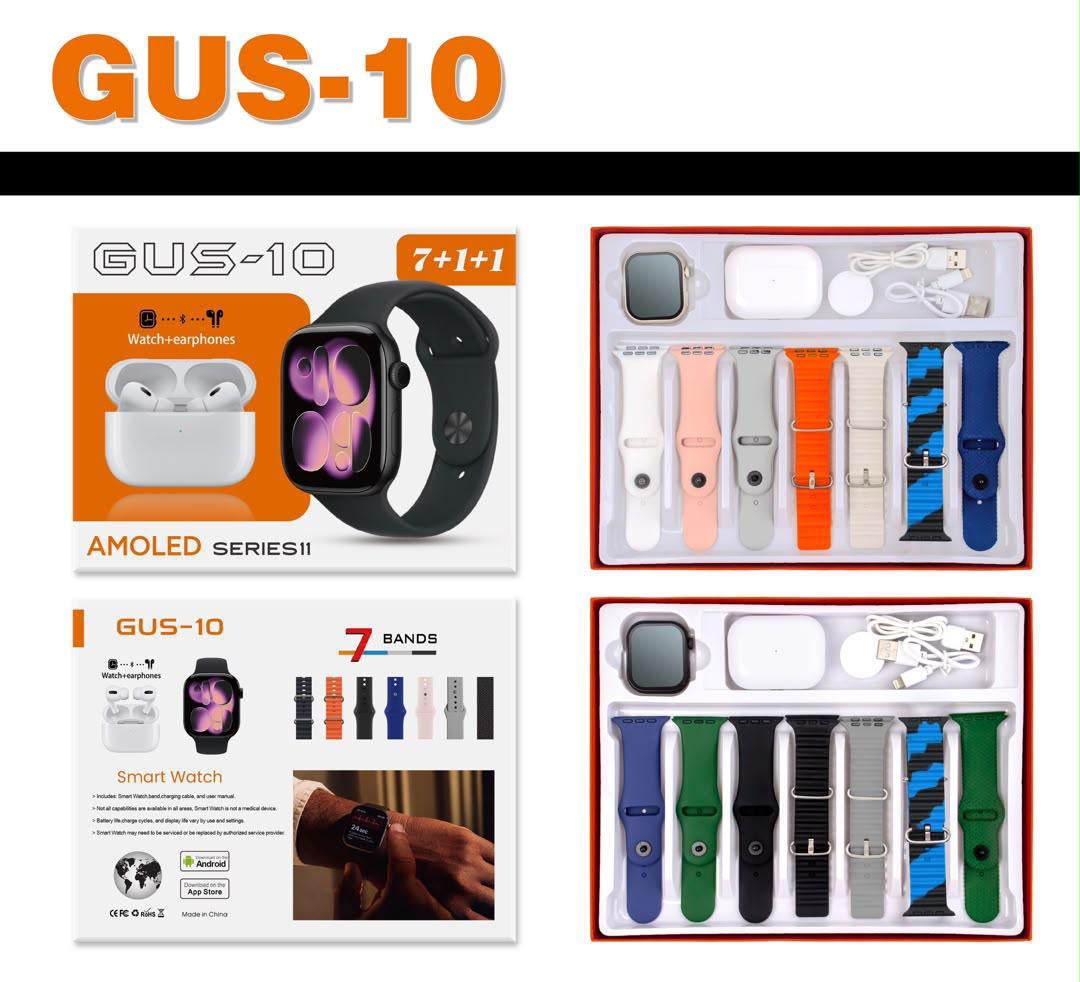 GUS-10 Kit 7+1+1 – Smartwatch AMOLED Series 11 + TWS + 7 Bracelets
