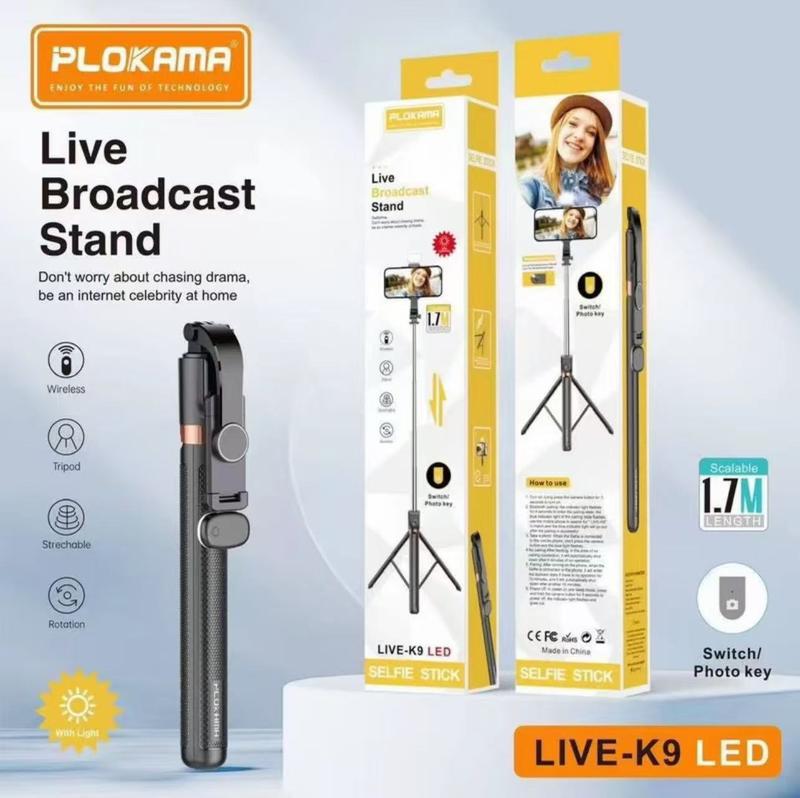 Selfie Stick Trépied Plokama LIVE-K9 LED – 1.7m, Bluetooth, Rotation 360°, Live Broadcast