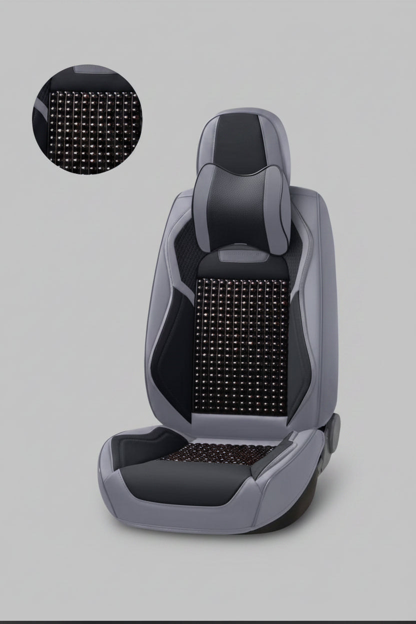 Housse de Siège Auto Xiongguan – Semi-Cuir + Perles de Bois, Gris & Noir, Série Leather-Wood Beads 360°