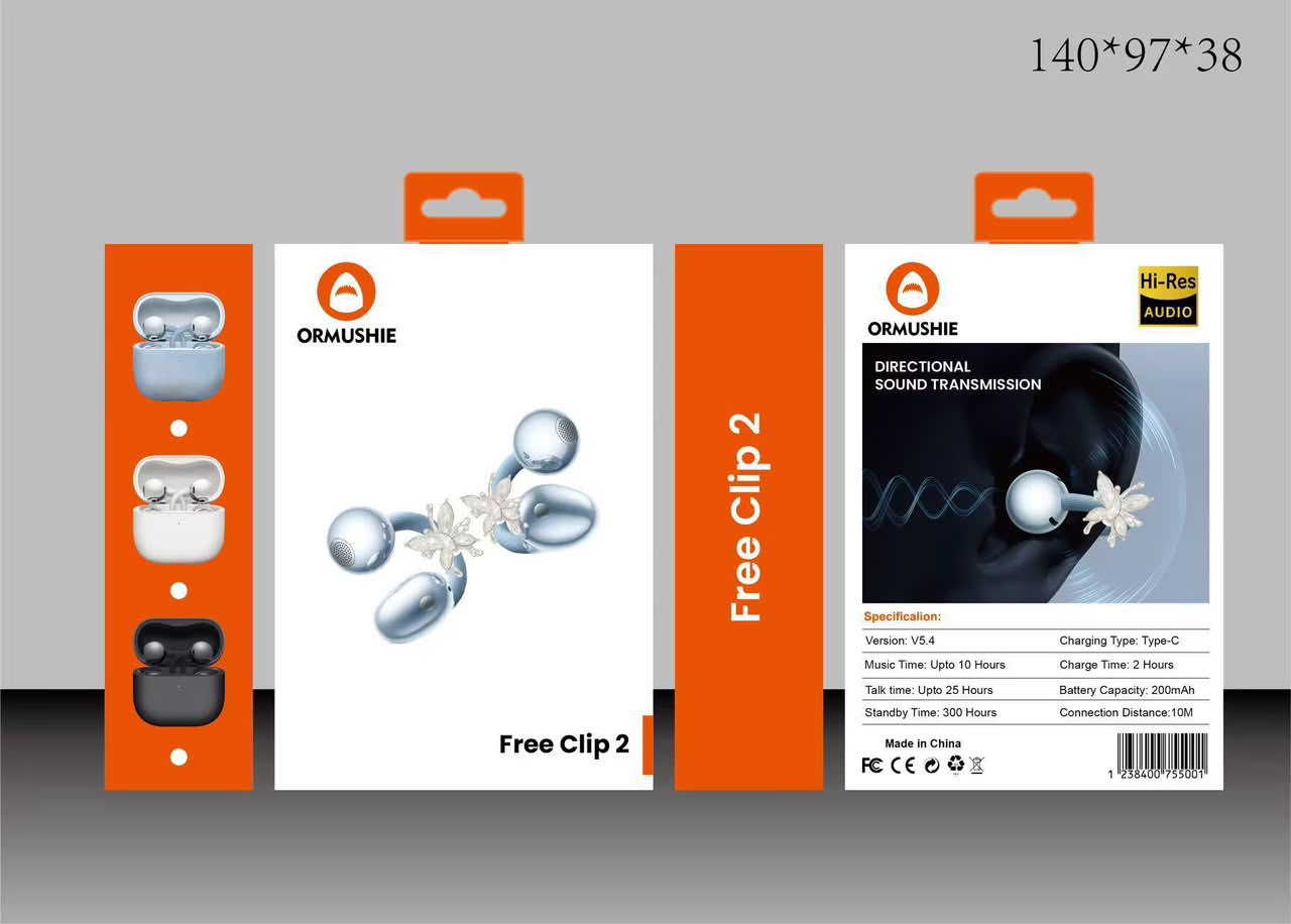 ORMUSHIE Free Clip 2 écouteurs open-ear Hi-Res Audio – 3 coloris : Gris/Bleu, Blanc, Noir