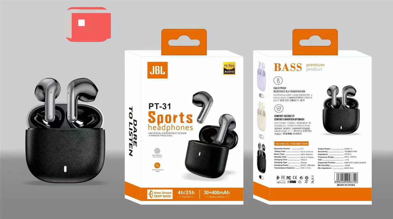 JBL PT-31 Sports Headphones Hi-Res Audio Deep Bass TWS – Noir avec boîtier cuir texture