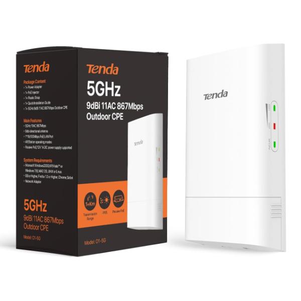 Tenda O1-5G – Pont WiFi Extérieur 5GHz 867Mbps Longue Portée 1km Auto-Bridge PoE