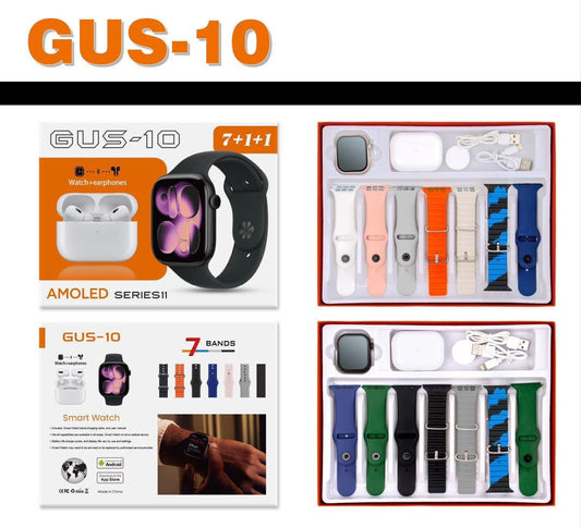 GUS-10 Kit 7+1+1 – Smartwatch AMOLED Series 11 + TWS + 7 Bracelets