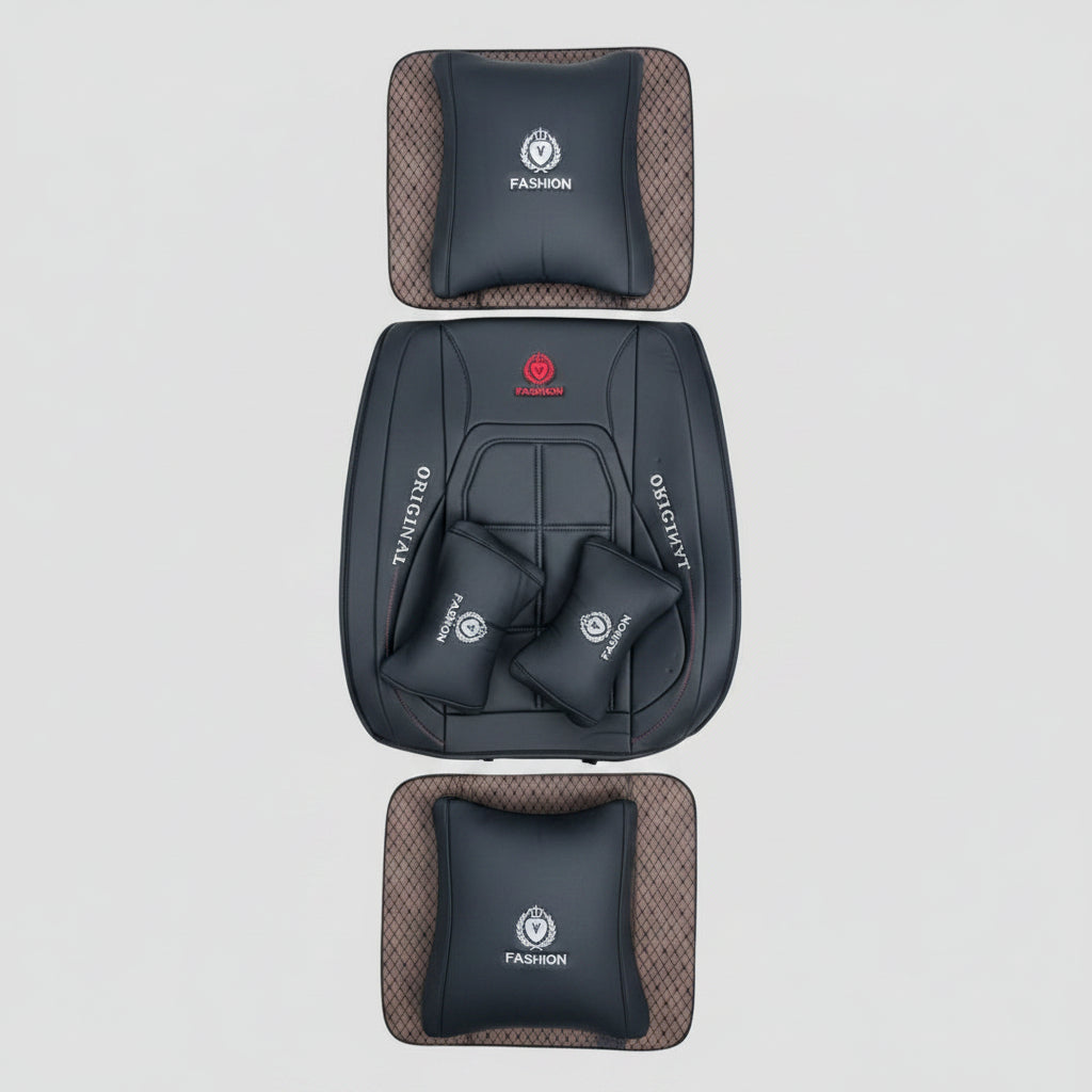 Housse de Siège Auto Fashion Original – Semi-Cuir Tout Noir, Set Complet avec Appuie-Têtes & Tapis Losanges