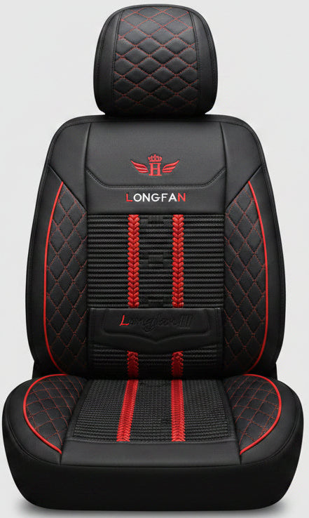 Housse de Siège Auto Longfan III – Semi-Cuir Noir, Losanges & Insert Tressé, Liserés Rouges, Appuie-Tête Inclus