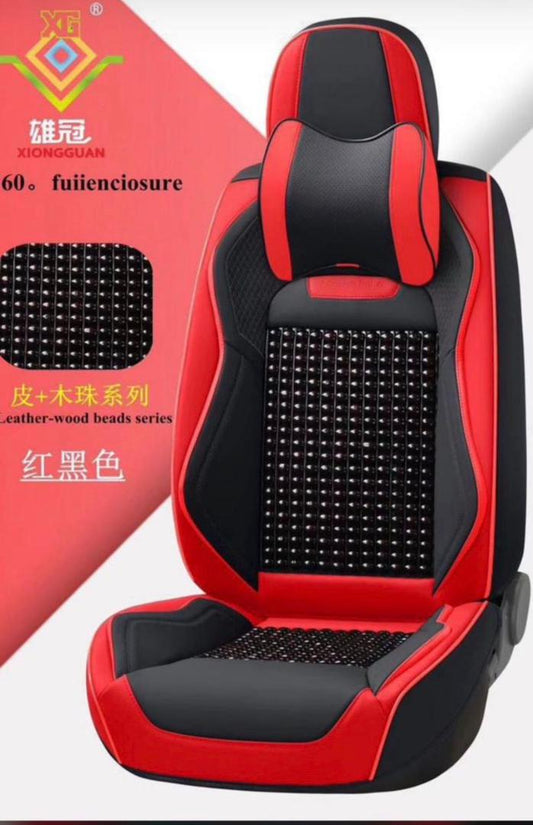 Housse de Siège Auto Xiongguan – Semi-Cuir + Perles de Bois, Rouge & Noir, Appuie-Tête Inclus