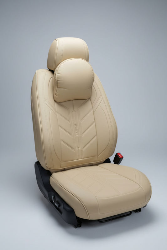 Housse de Siège Auto Semi-Cuir – Tout Beige Crème, Design Sport Motif V, Appuie-Tête Inclus
