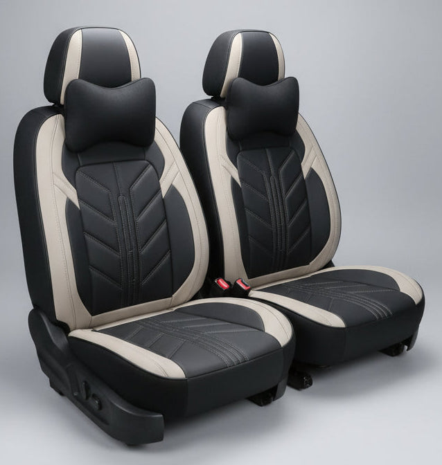 Housse de Siège Auto Semi-Cuir – Noir & Beige, Design Sport Motif V, Appuie-Tête Inclus