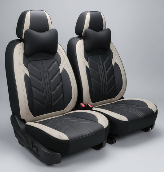 Housse de Siège Auto Semi-Cuir – Noir & Beige, Design Sport Motif V, Appuie-Tête Inclus