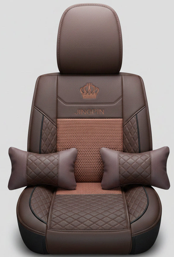 Housse de Siège Auto Jingpin – Semi-Cuir Marron Chocolat, Losanges & Insert Tressé Cuivré, 2 Coussins Inclus