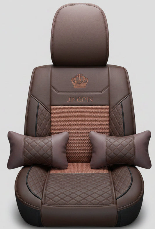 Housse de Siège Auto Jingpin – Semi-Cuir Marron Chocolat, Losanges & Insert Tressé Cuivré, 2 Coussins Inclus