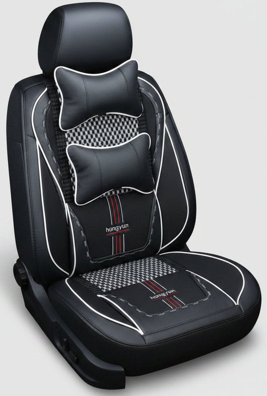 Housse de Siège Auto Hongyun – Semi-Cuir Noir, Liserés Blancs, Insert Damier, 2 Coussins Inclus