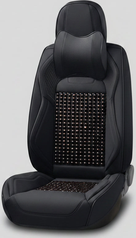 Housse de Siège Auto Xiongguan – Semi-Cuir + Perles de Bois, Tout Noir, Série Leather-Wood Beads 360°