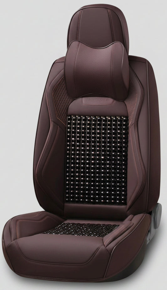 Housse de Siège Auto Xiongguan – Semi-Cuir + Perles de Bois, Couleur Café, Série Leather-Wood Beads 360°