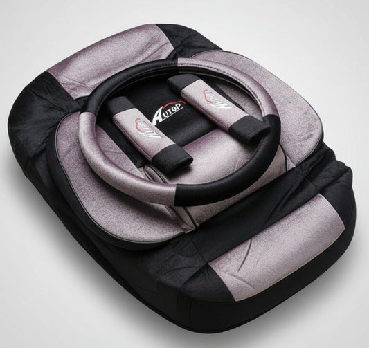 Set Autop – Housse de Siège Tissu Noir & Gris + Couvre-Volant + 2 Protège-Ceintures Assortis