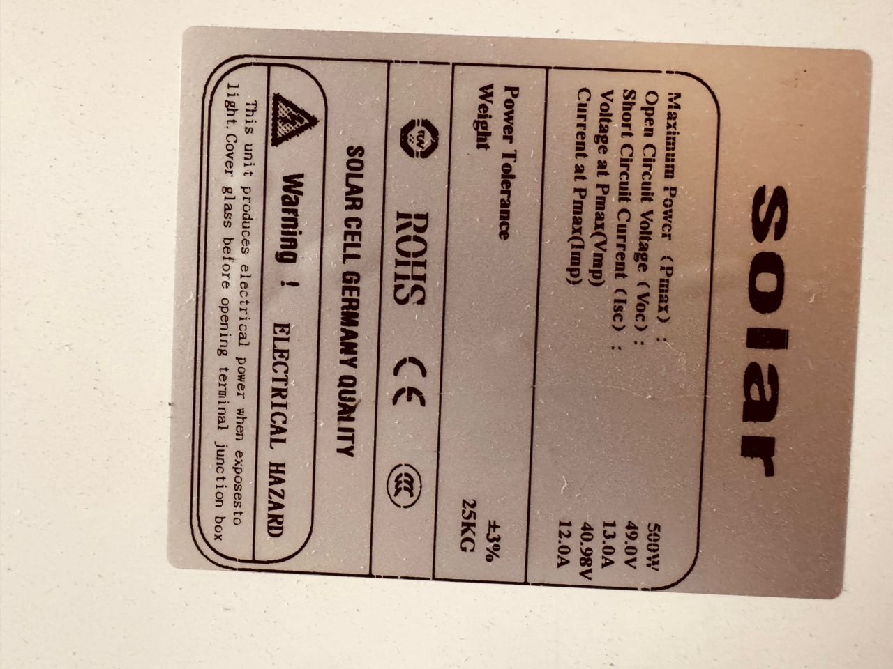 Panneau Solaire 500W – Solar Cell Germany Quality, Monocristallin, Certifié RoHS & CE