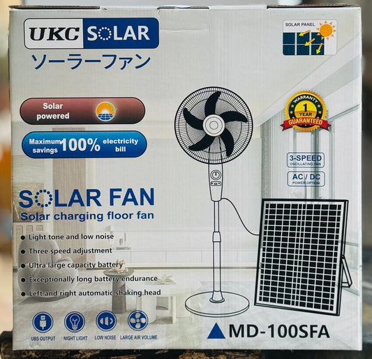Ventilateur Solaire UKC Solar MD-100SFA – Panneau Solaire Inclus, AC/DC, 3 Vitesses, Oscillation, USB, Garantie 1 An