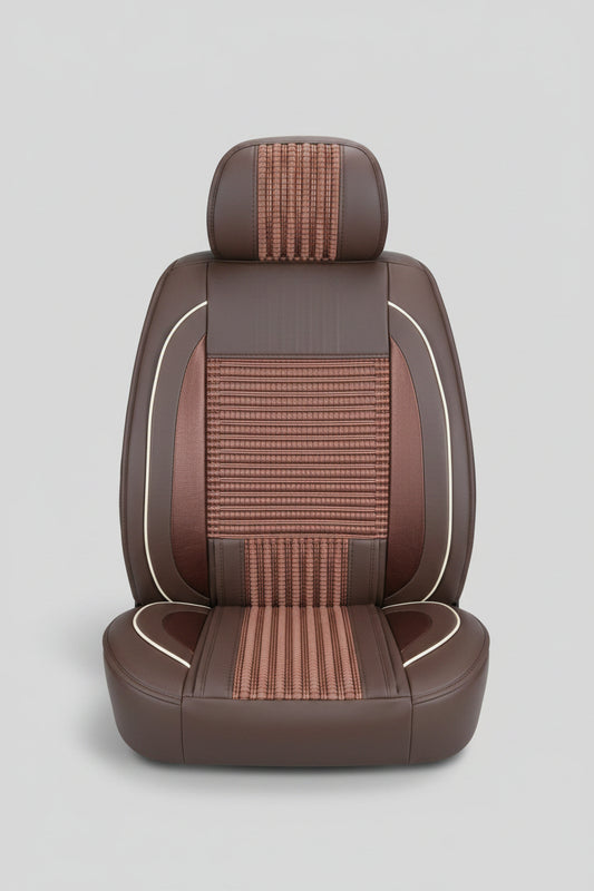 Housse de Siège Auto Semi-Cuir Marron – Insert Bambou Tressé Ventilé, Liseré Blanc, Coussin Appuie-Tête, Universel