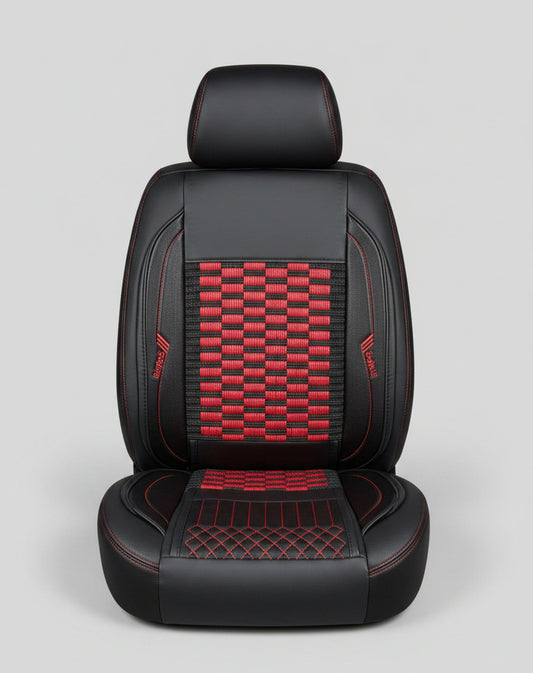 Housse de Siège Auto Semi-Cuir Noir – Insert Bambou Damier Rouge/Noir, Coutures Rouges Sport, Logos Brodés, Universel