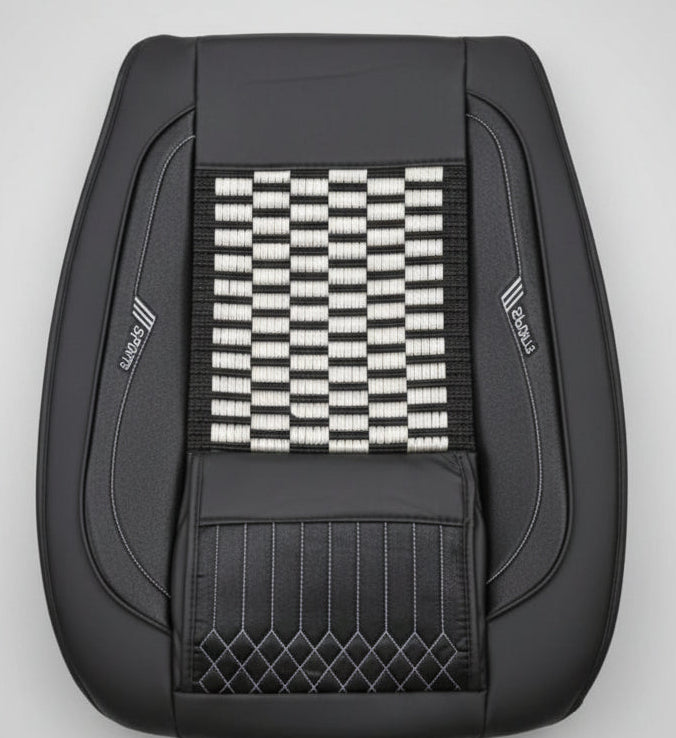 Housse de Siège Auto Semi-Cuir Noir – Insert Bambou Damier Blanc/Noir, Logos Sports Brodés, Universel