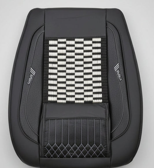 Housse de Siège Auto Semi-Cuir Noir – Insert Bambou Damier Blanc/Noir, Logos Sports Brodés, Universel