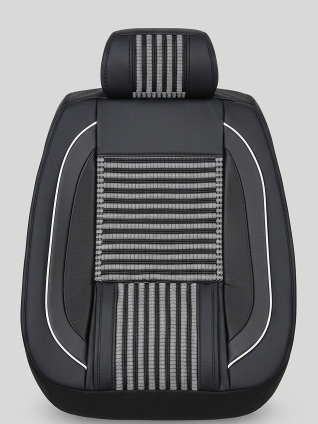 Housse de Siège Auto Semi-Cuir Noir – Insert Bambou Tressé Gris Ventilé, Liseré Blanc, Coussin Appuie-Tête, Universel