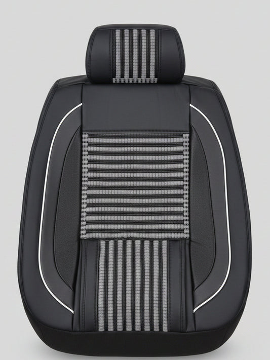 Housse de Siège Auto Semi-Cuir Noir – Insert Bambou Tressé Gris Ventilé, Liseré Blanc, Coussin Appuie-Tête, Universel