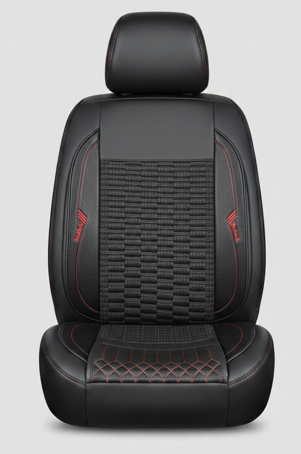 Housse de Siège Auto Semi-Cuir Noir – Insert Tressé Ventilé, Coutures Orange Sport, Logos Brodés, Universel