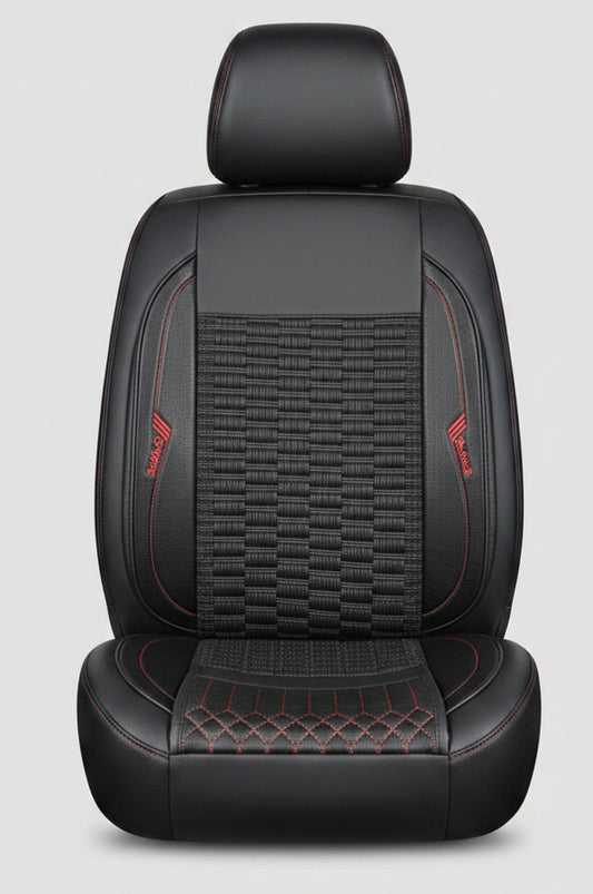 Housse de Siège Auto Semi-Cuir Noir – Insert Tressé Ventilé, Coutures Orange Sport, Logos Brodés, Universel