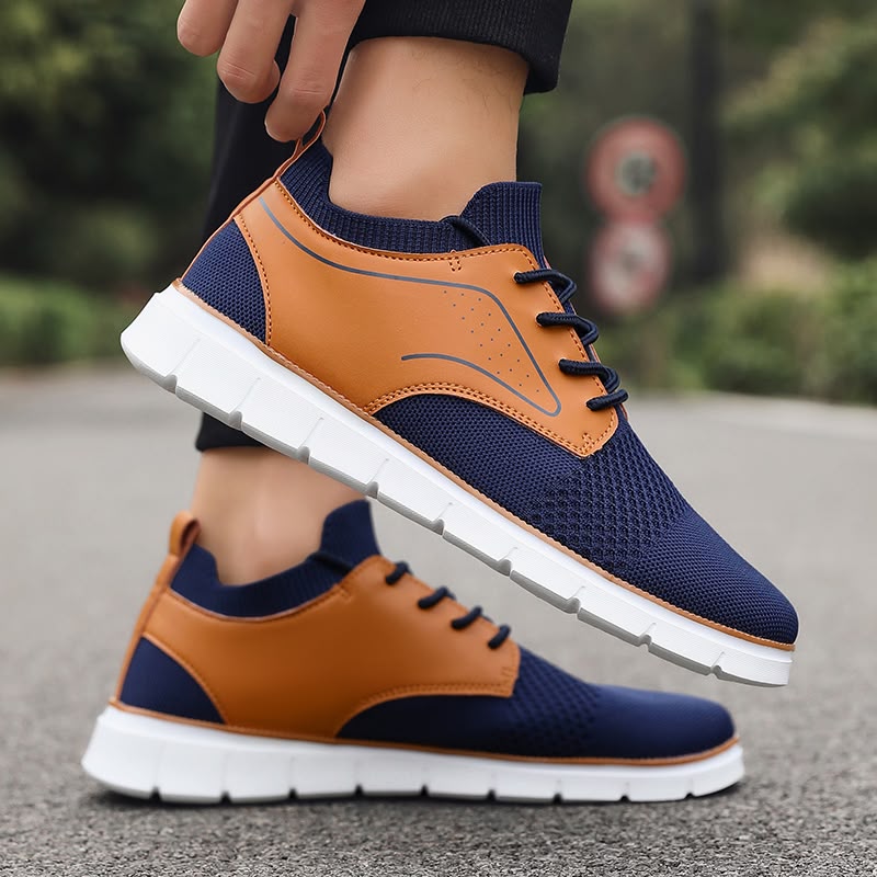 Sneakers Casual Homme – Mesh & Cuir Camel, Semelle Blanche Légère – Noir, Gris ou Marine