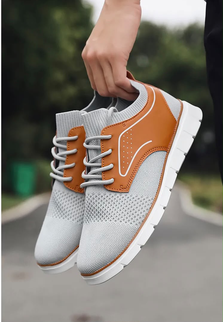 Sneakers Casual Homme – Mesh & Cuir Camel, Semelle Blanche Légère – Noir, Gris ou Marine