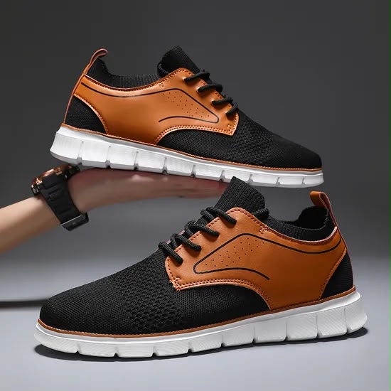 Sneakers Casual Homme – Mesh & Cuir Camel, Semelle Blanche Légère – Noir, Gris ou Marine