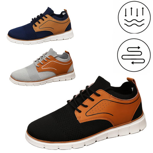 Sneakers Casual Homme – Mesh & Cuir Camel, Semelle Blanche Légère – Noir, Gris ou Marine