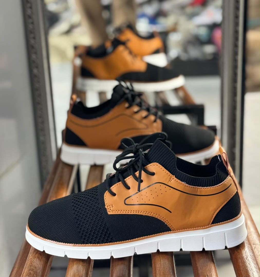 Sneakers Casual Homme – Mesh & Cuir Camel, Semelle Blanche Légère – Noir, Gris ou Marine