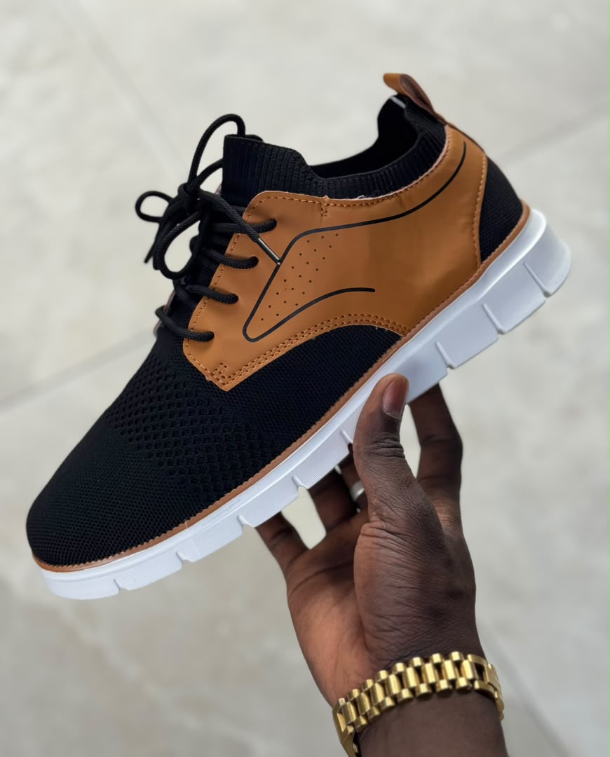 Sneakers Casual Homme – Mesh & Cuir Camel, Semelle Blanche Légère – Noir, Gris ou Marine