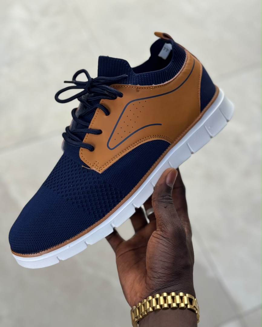 Sneakers Casual Homme – Mesh & Cuir Camel, Semelle Blanche Légère – Noir, Gris ou Marine