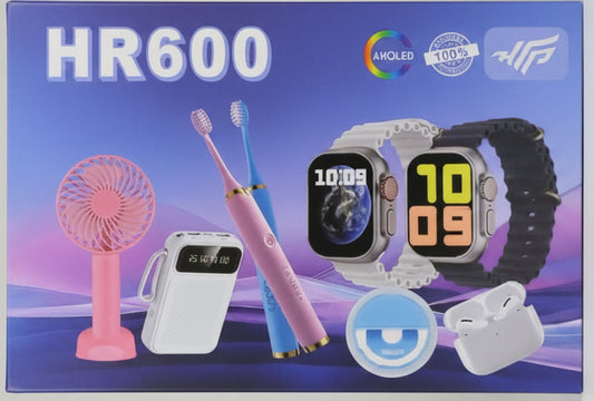 HR600 Smart Kit 7-en-1 – Smartwatch AMOLED + Écouteurs TWS + Power Bank + Mini Ventilateur + Brosse Électrique + Lampe UV