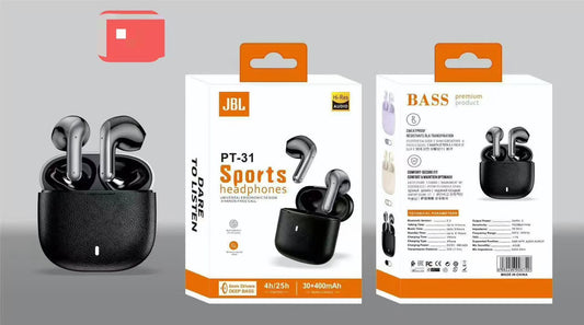 JBL PT-31 Sports Headphones Hi-Res Audio Deep Bass TWS – Noir avec boîtier cuir texture