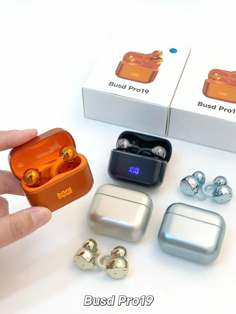 Busd Pro19 écouteurs TWS chromés – 4 coloris : Orange, Noir LED, Champagne, Argent