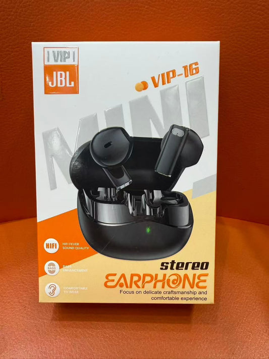 VIP JBL VIP-16 Mini Stereo Earphone – boîtier compact noir chromé avec LED vert