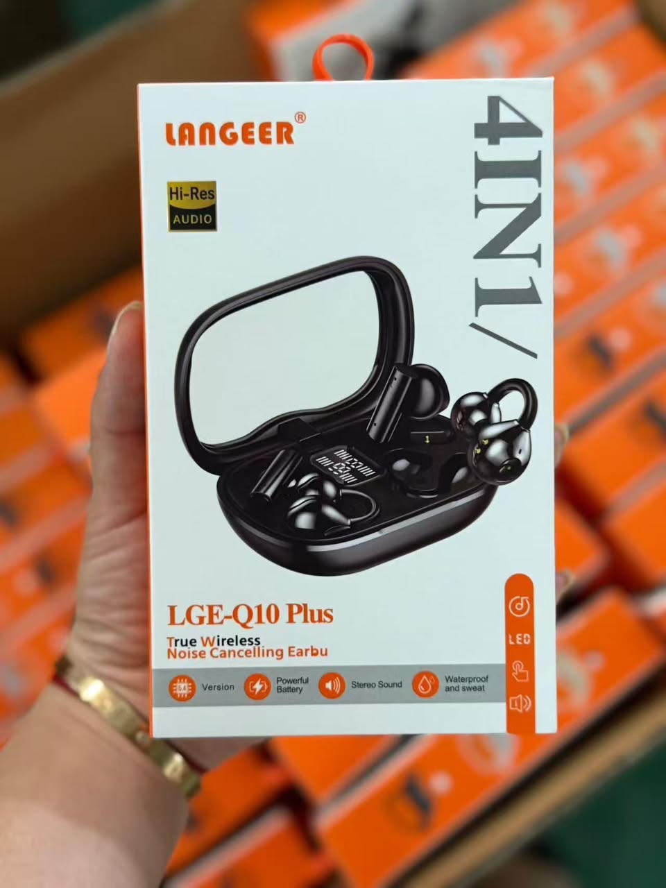 LANGEER LGE-Q10 Plus 4-IN-1 TWS Noise Cancelling Hi-Res Audio – boîtier miroir avec crochet sport