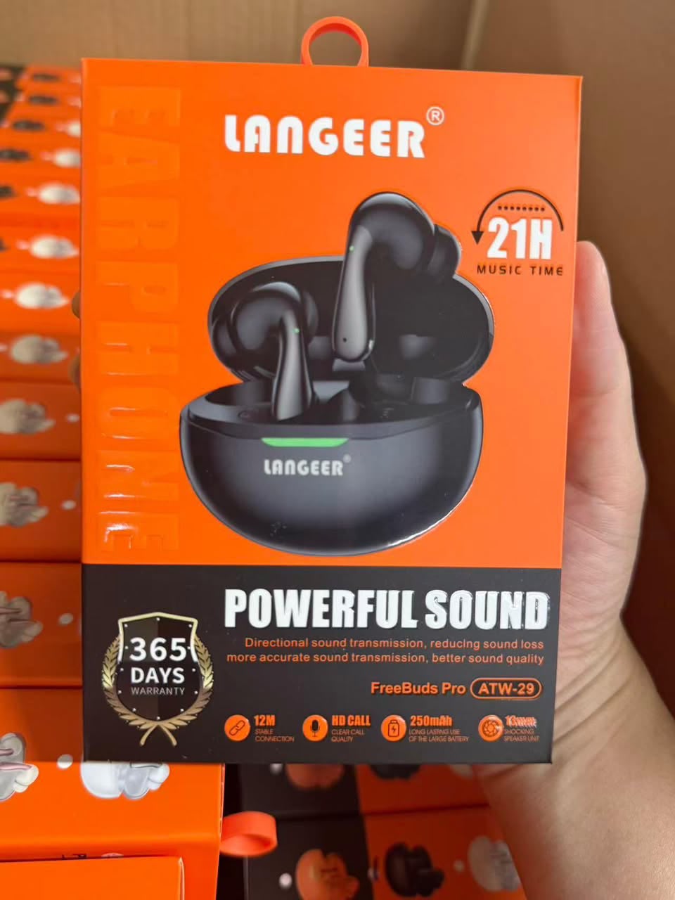 LANGEER FreeBuds Pro ATW-29 écouteurs TWS 21H Powerful Sound – boîtier noir avec LED verte