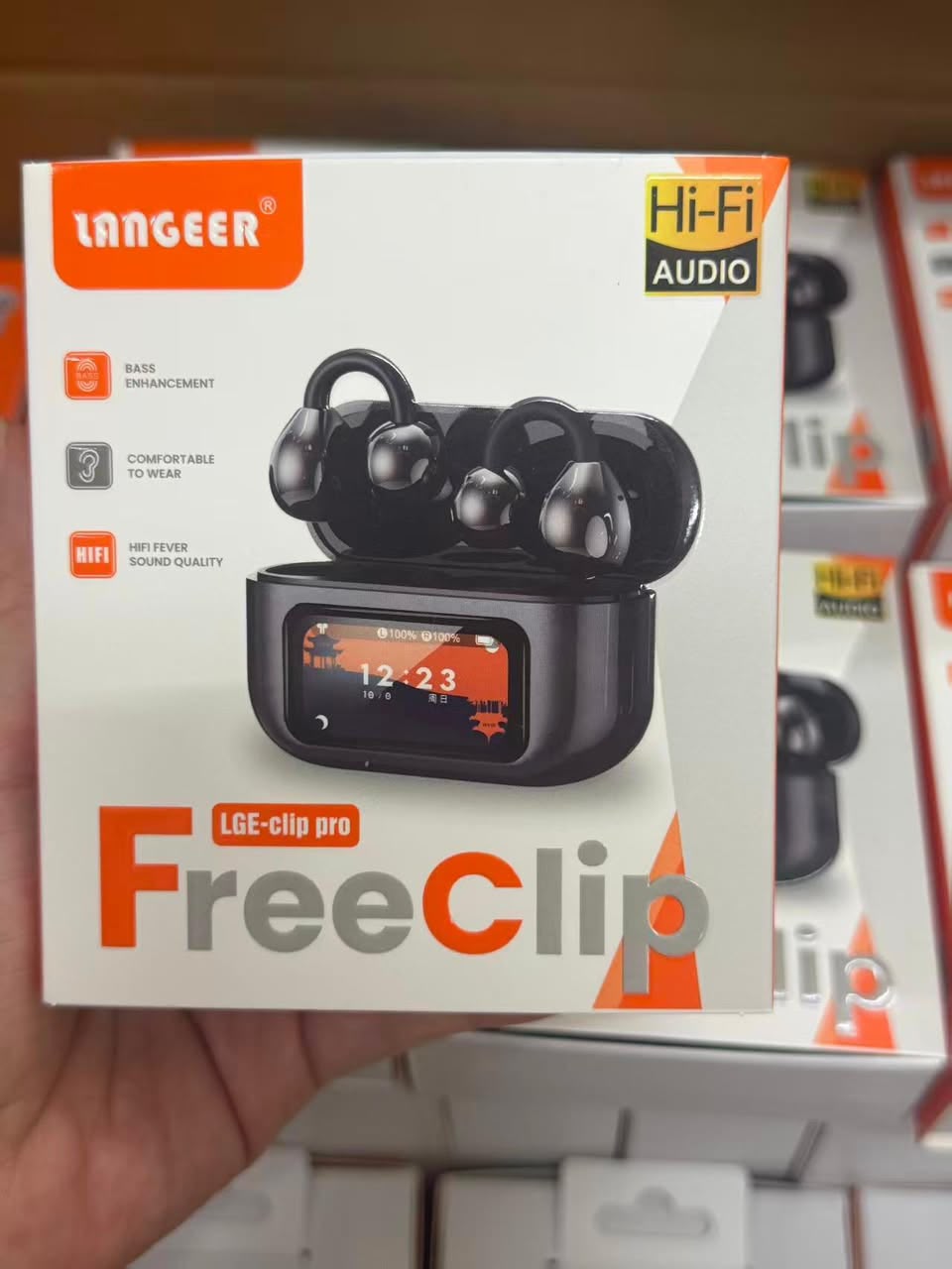 LANGEER FreeClip LGE-clip pro – écouteurs open-ear clip sphérique avec boîtier écran couleur Hi-Fi