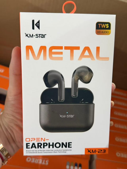 KM-Star KM-23 Metal Open-Earphone TWS HD Audio – écouteurs noir mat finition métal dans boîtier compact