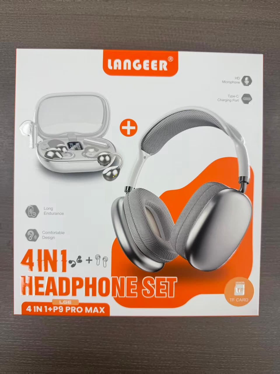 LANGEER LGE 4IN1+P9 Pro Max – pack casque over-ear argent style AirPods Max + écouteurs TWS transparents