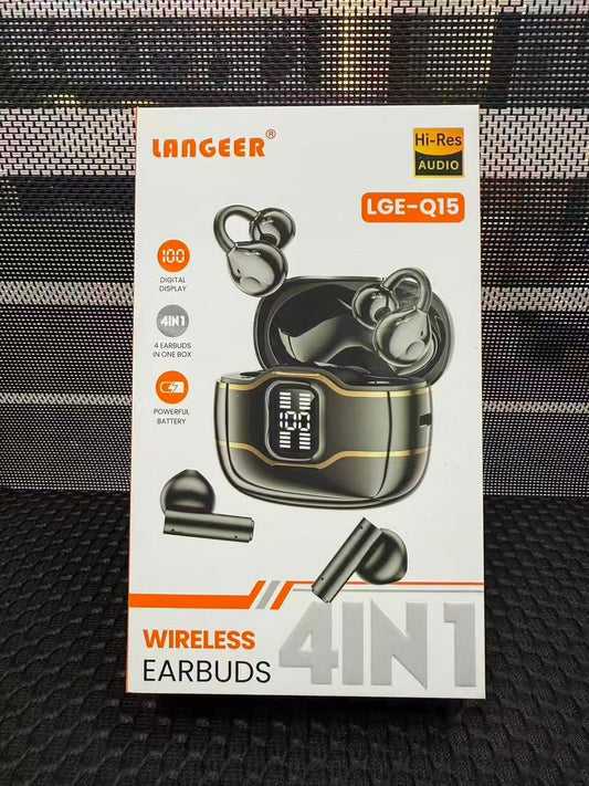 LANGEER LGE-Q15 Wireless Earbuds 4 IN 1 Hi-Res Audio – boîtier noir liseré doré avec digital display LED