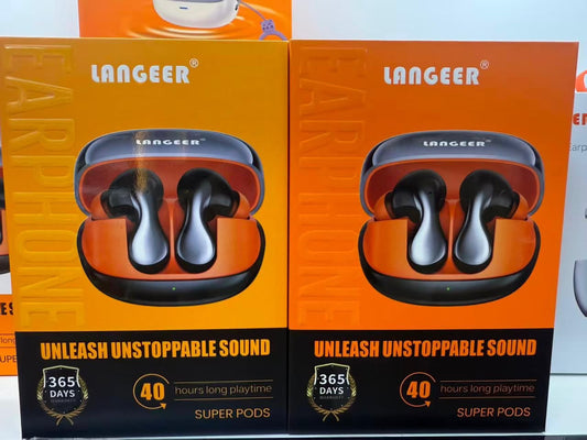 LANGEER Super Pods – écouteurs TWS boîtier orange premium avec écouteurs chrome/noir, 40H autonomie