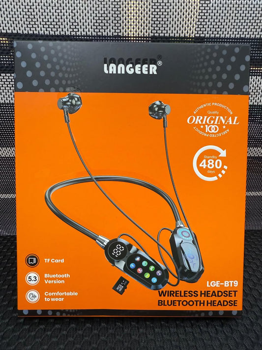 LANGEER LGE-BT9 neckband wireless headset noir/orange avec LED display et pavé de contrôle multicolore