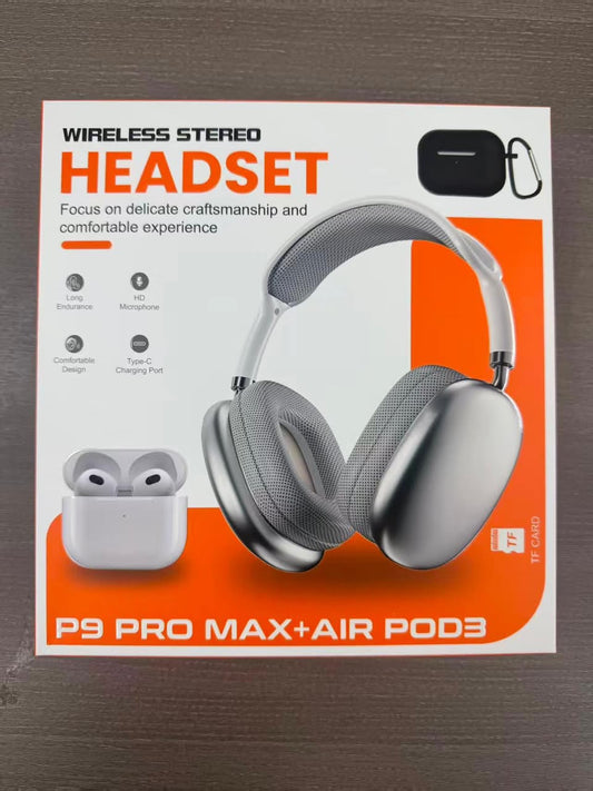 Pack P9 Pro Max casque over-ear argent style AirPods Max + écouteurs TWS Air Pod3 blanc avec housse noire mousqueton