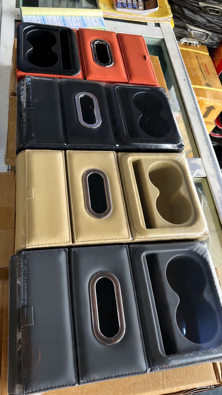 Console Centrale Auto Cuir avec Porte-Gobelet et Boîte à Mouchoirs